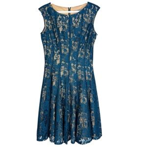 Danny & Nicole Teal Lace Fit Flare Dress Nude Lined Sleeveless Size 8